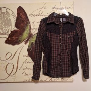 BKE Lace Plaid Button Down Shirt Size M